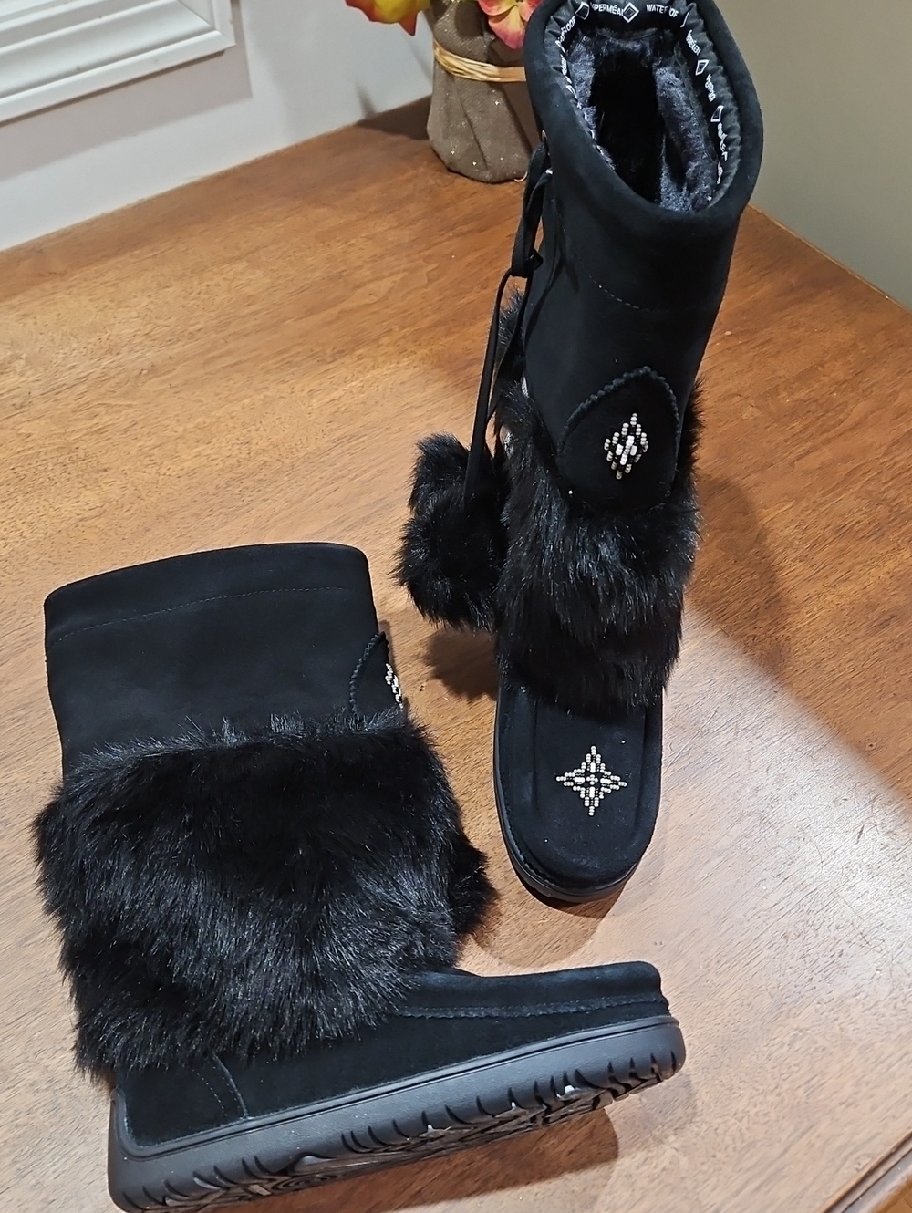 Luxury Black Faux Fur Winter Boots with Beaded Accent
